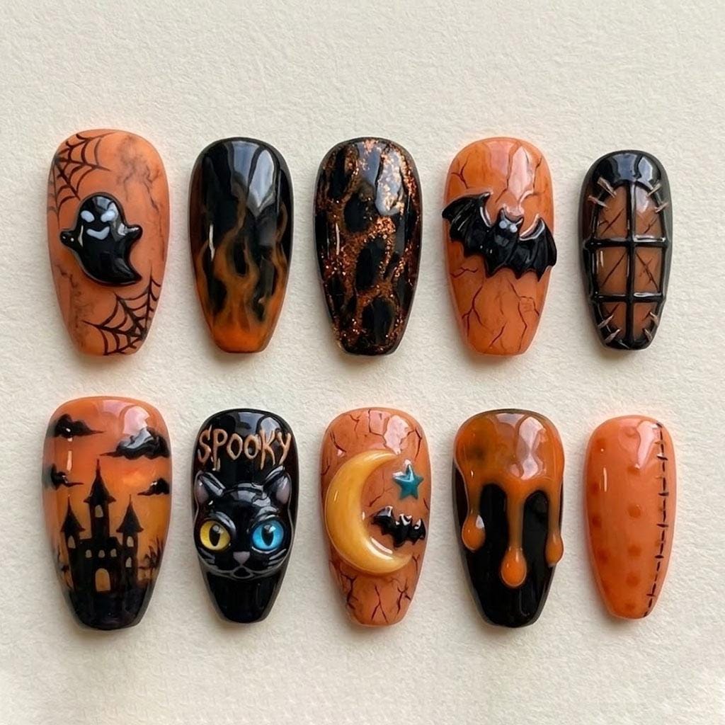 Halloween Press On Nails With Ghost, Bat, Haunted Castle and Spooky Cat Art