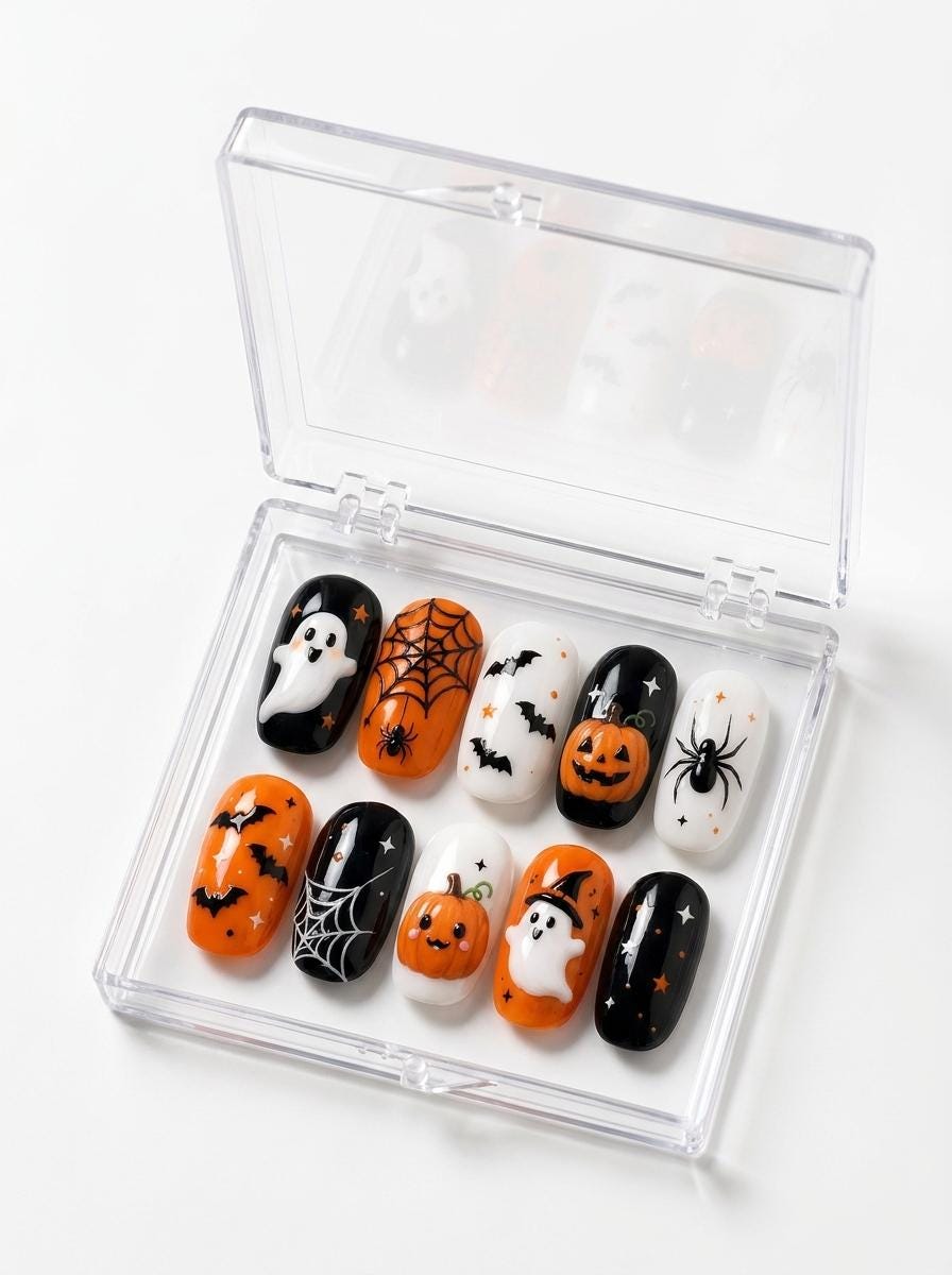 Halloween Press On Nails with Ghosts, Bats, Pumpkins and Spiderwebs