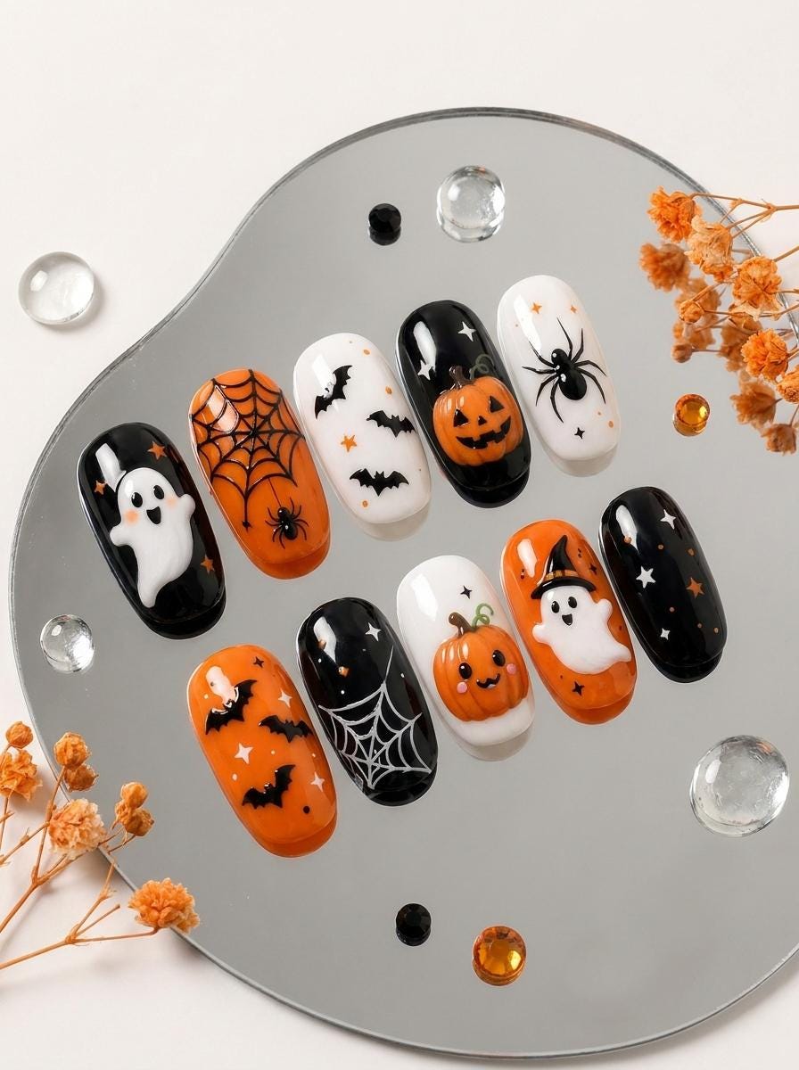 Halloween Press On Nails with Ghosts, Bats, Pumpkins and Spiderwebs