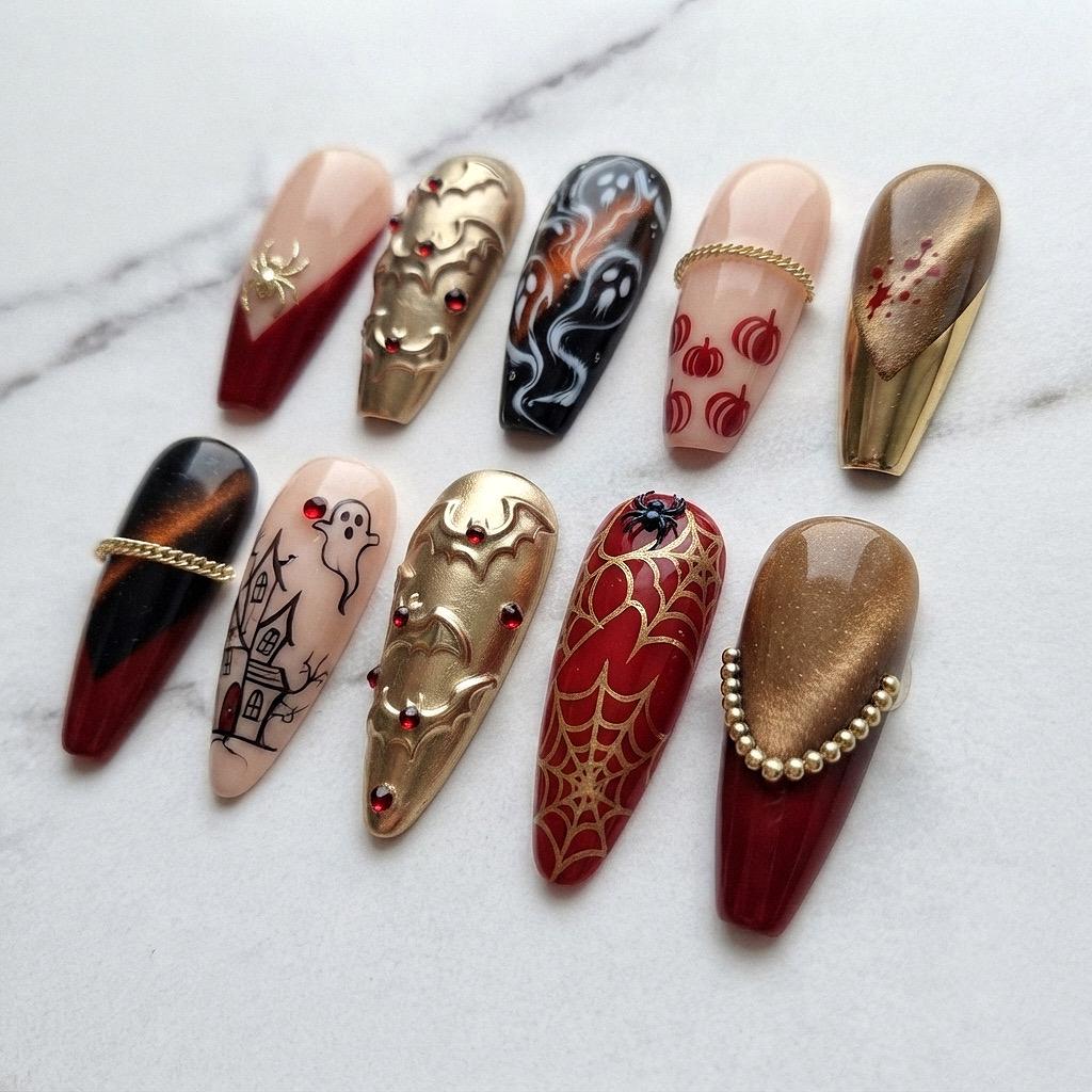 Halloween Press-On Nails With Gold Bats, Spiders, Ghosts, and Burgundy Details