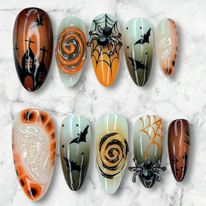 Halloween Press On Nails With Haunted Houses, Spiderwebs and 3D Spiders
