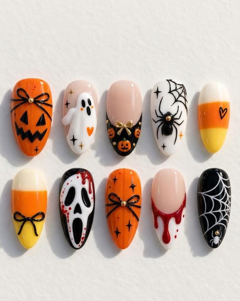 Halloween Press On Nails With Pumpkins, Ghosts, Spiderwebs and Candy Corn