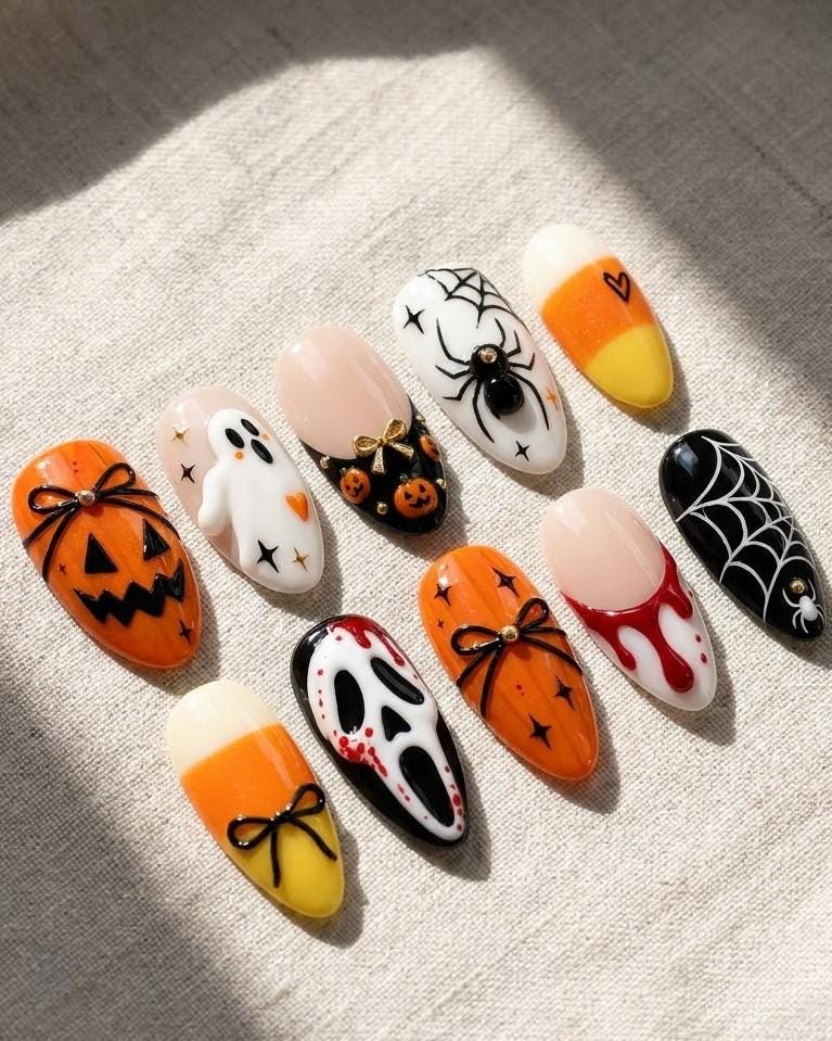 Halloween Press On Nails With Pumpkins, Ghosts, Spiderwebs and Candy Corn