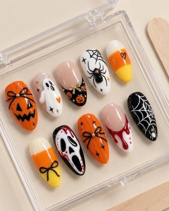 Halloween Press On Nails With Pumpkins, Ghosts, Spiderwebs and Candy Corn