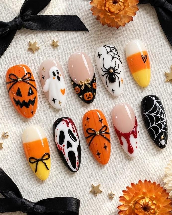 Halloween Press On Nails With Pumpkins, Ghosts, Spiderwebs and Candy Corn