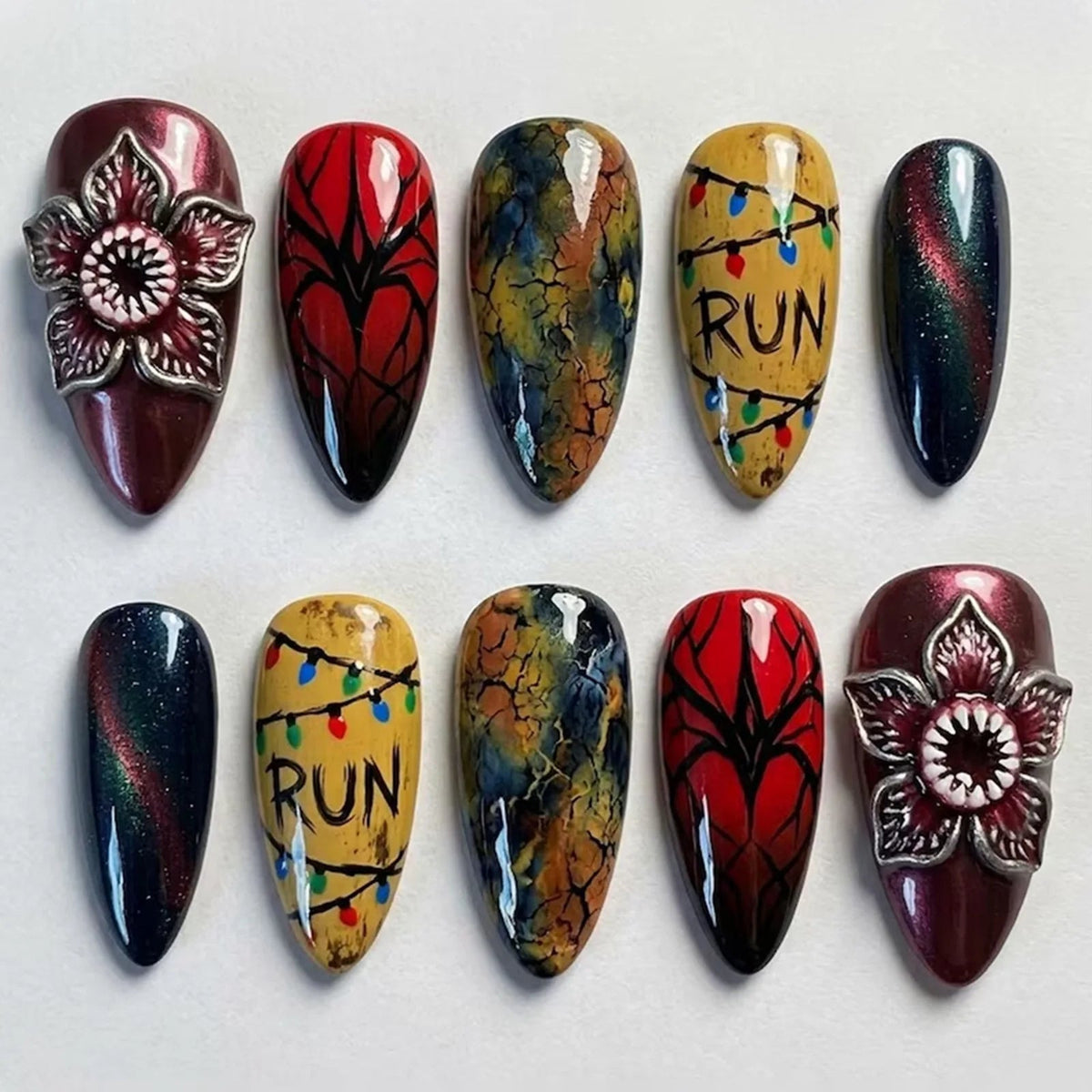 Halloween Press On Nails with Webs, Cracked Patterns, String Lights and Sculpted Flowers