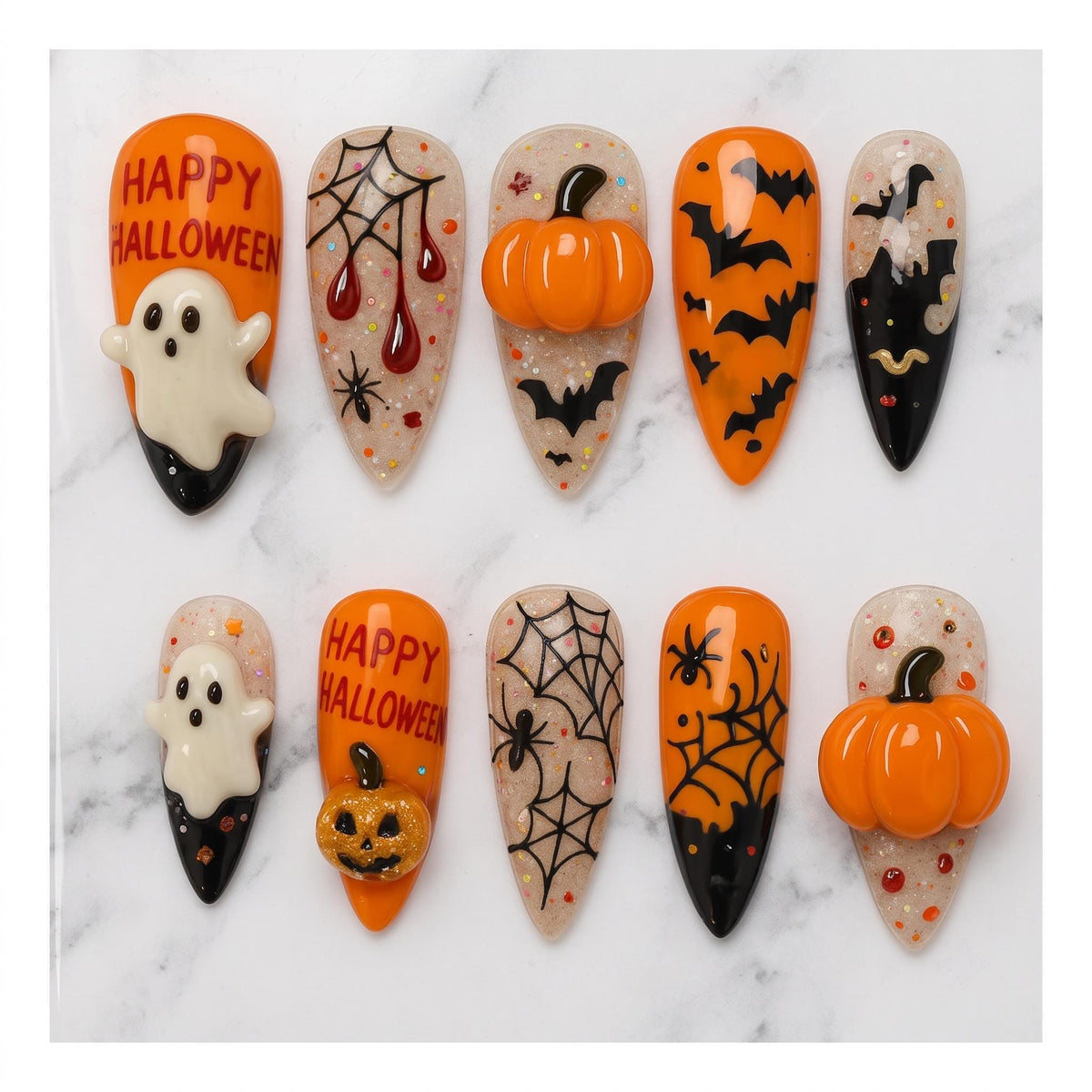 Halloween Pumpkin and Ghost Press-On Nails with Spiderwebs, Bats, and Glitter