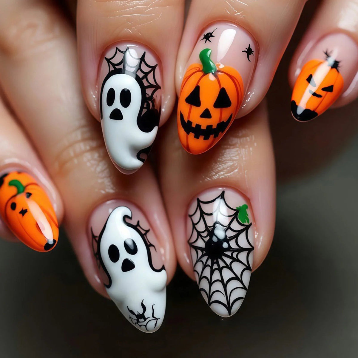 Halloween Pumpkin, Ghost and Spiderweb Press-On Nail Set