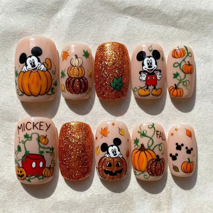 Halloween Pumpkin Mouse Character Press On Nails With Orange Glitter