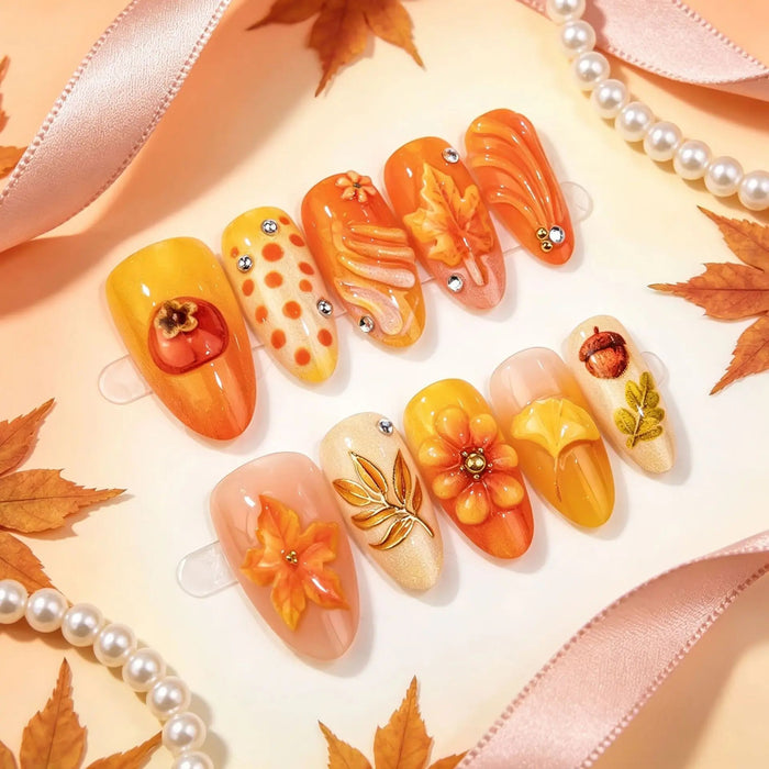 Halloween Pumpkin Press On Nails with Fall Leaves, Raised Flowers and Rhinestones