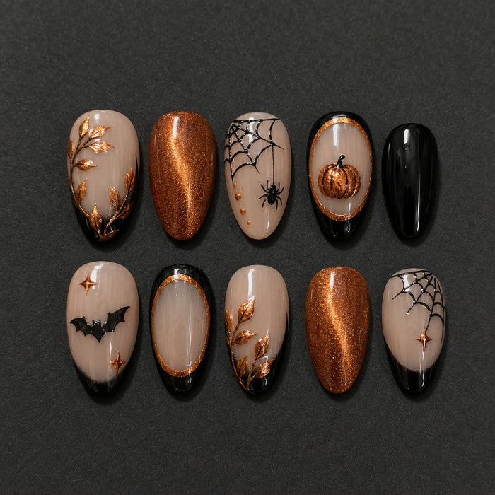 Halloween Pumpkin, Spiderweb, and Bat Press On Nail Set in Taupe and Copper