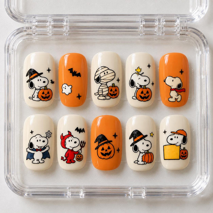 Halloween Pup and Pumpkin Press-On Nails in Orange and Cream