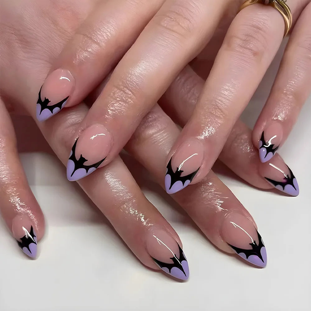 Halloween Purple Bat French Tip Press On Nails with Sheer Blush Pink Base