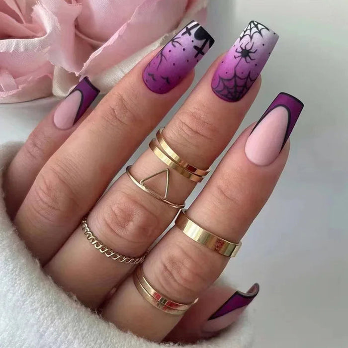 Halloween Purple Pink Ombré Spiderweb French Tip Press On Nails