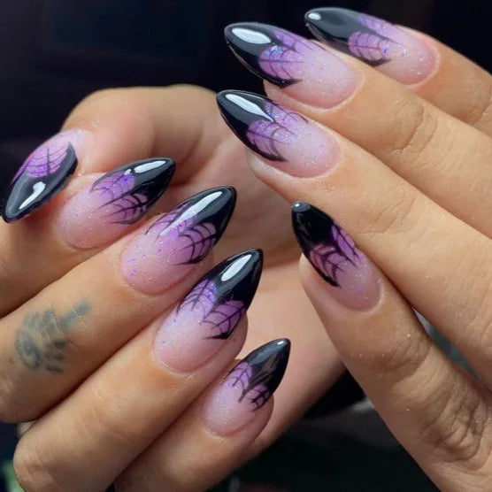 Halloween Purple Shimmer Spiderweb French Tip Press On Nails