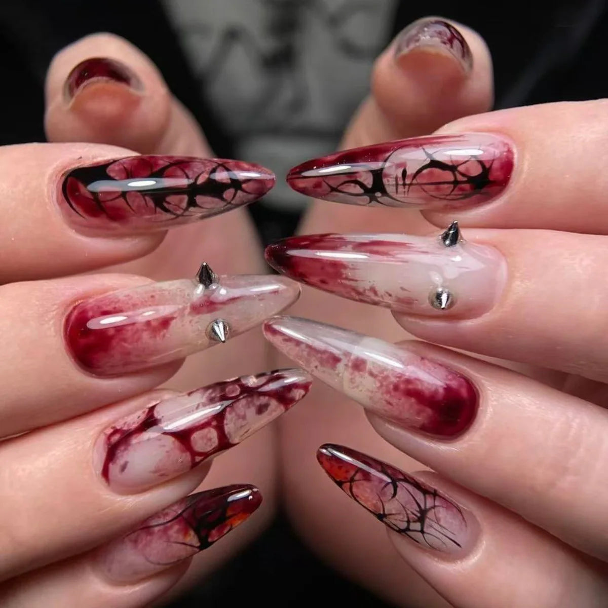 Halloween Red and Black Marble Spiderweb Nails