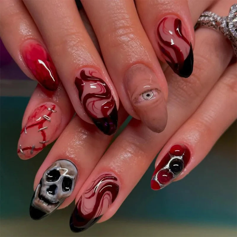 Halloween Red and Burgundy Swirl Skull Eye Press-On Nail Set