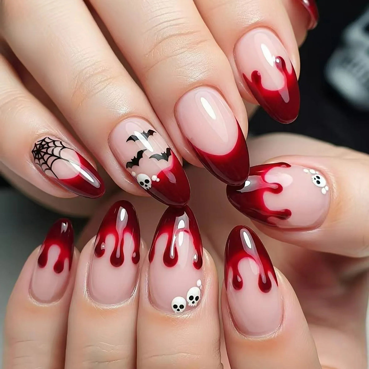 Halloween Red Blood Drip French Tip Press On Nails with Spiderwebs and Skulls