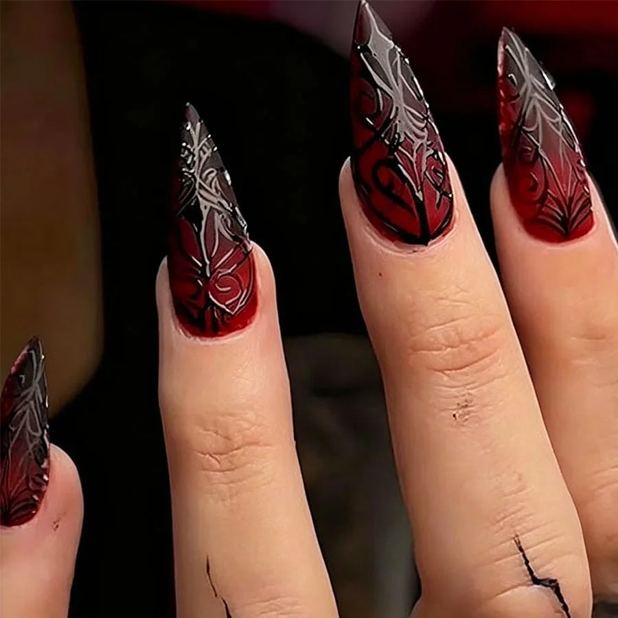 Halloween Red-to-Black Ombre Nails with Raised Black and Silver Web Filigree