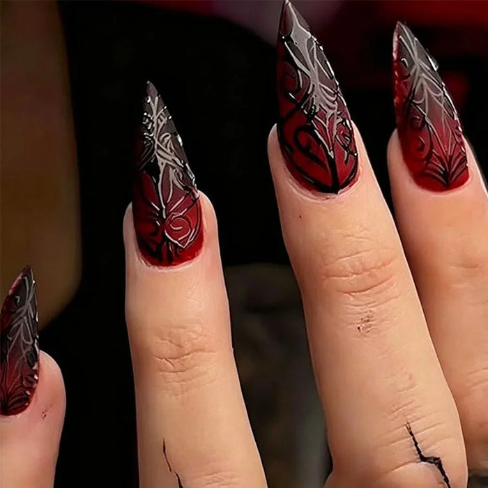 Halloween Red-to-Black Ombre Press On Nails with Raised Black and Silver Web Filigree