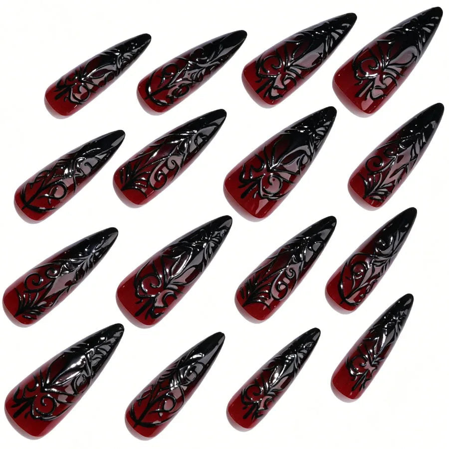 Halloween Red-to-Black Ombre Nails with Raised Black and Silver Web Filigree