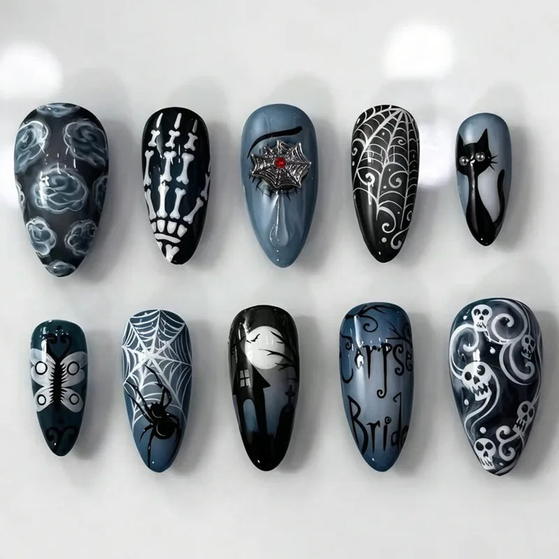 Halloween Skeleton, Skull & Spiderweb Press On Nails in Black and Slate Blue
