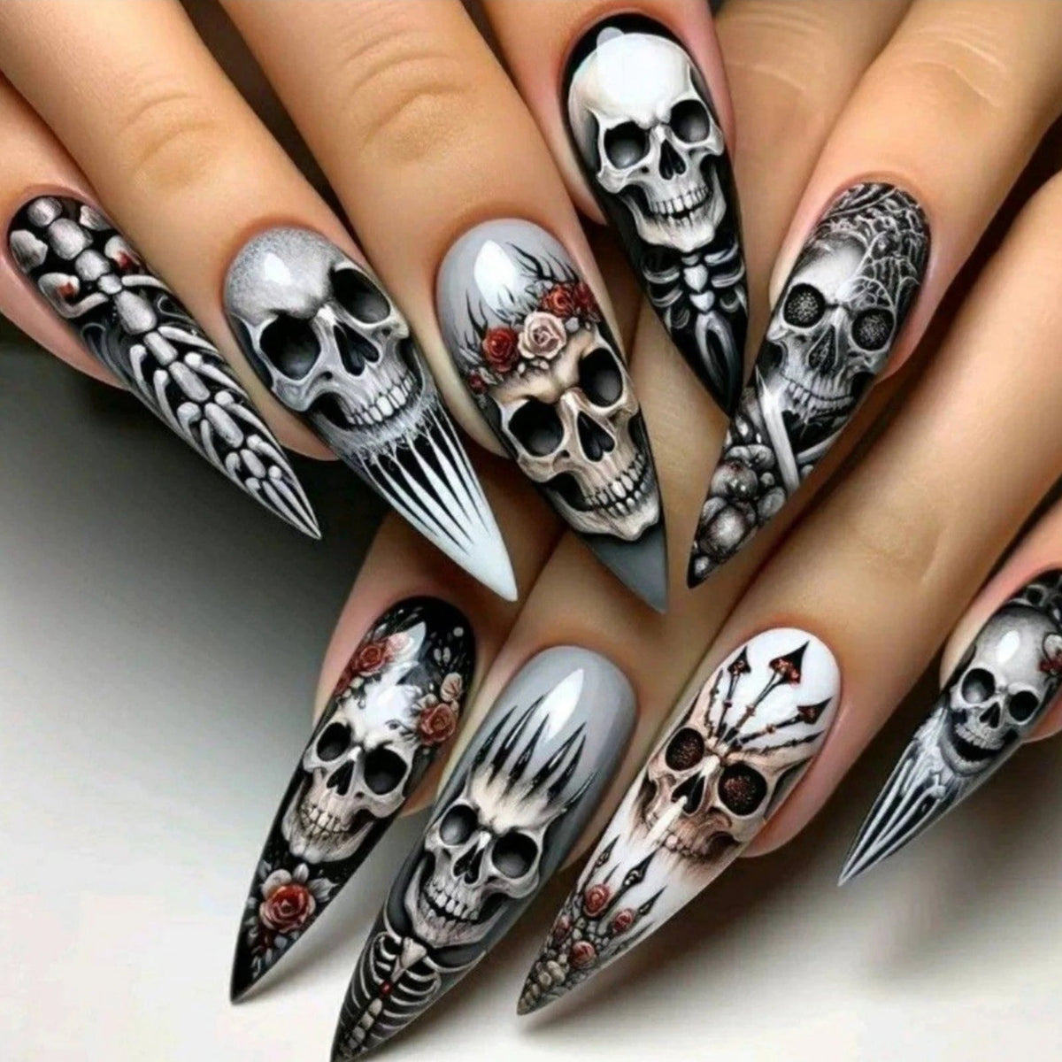 Halloween Skull and Skeleton Nails with Red Rose Accents