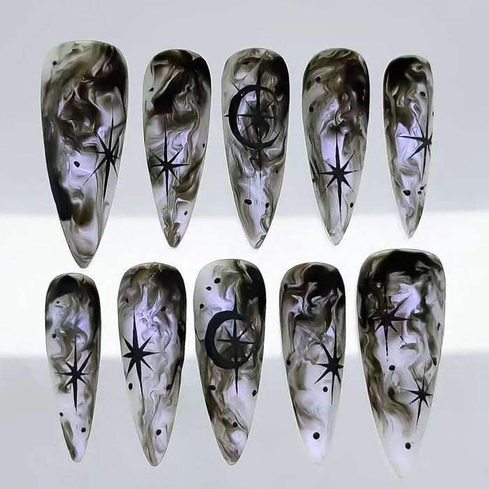 Halloween Smoky Black and White Marble Starburst Press On Nail Set