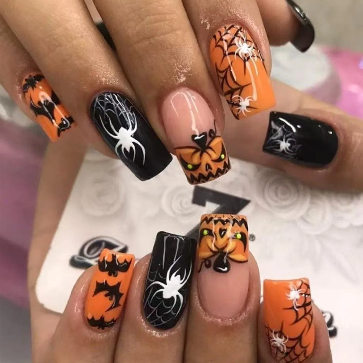 Halloween Spider, Bat & Jack-o'-Lantern Press On Nails