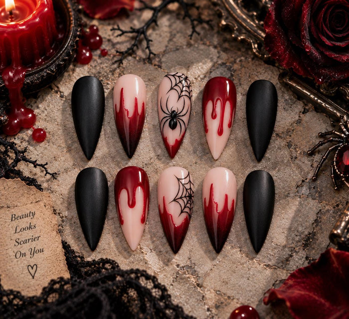 Halloween Spiderweb Drip Press-On Nail Set in Burgundy and Black
