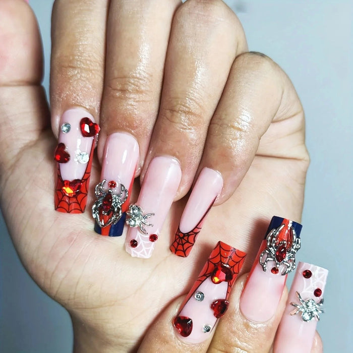 Halloween Spiderweb French Tip Press On Nails with Red Gems and Silver Charms