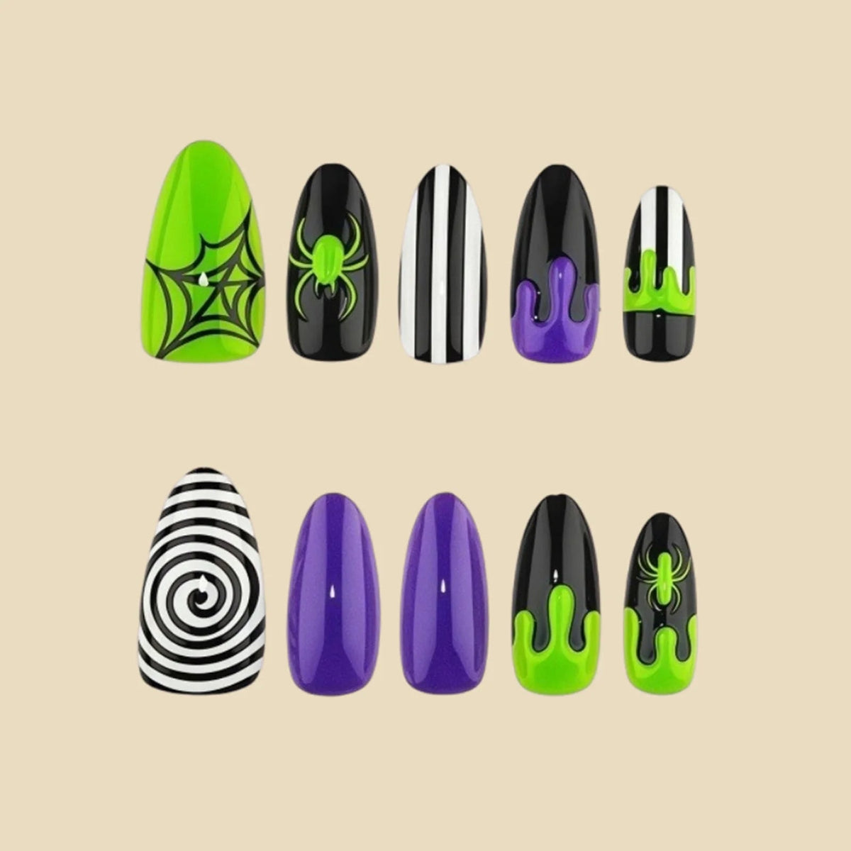 Halloween Spiderweb Press-On Nails in Black, White, Neon Green & Purple