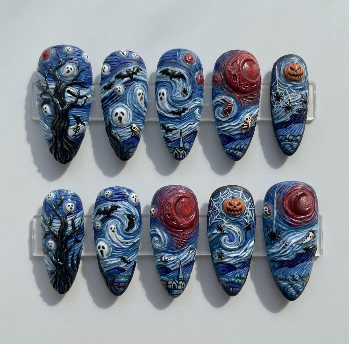 Halloween Starry Night Press-On Nails With Ghosts, Red Moons and Pumpkins