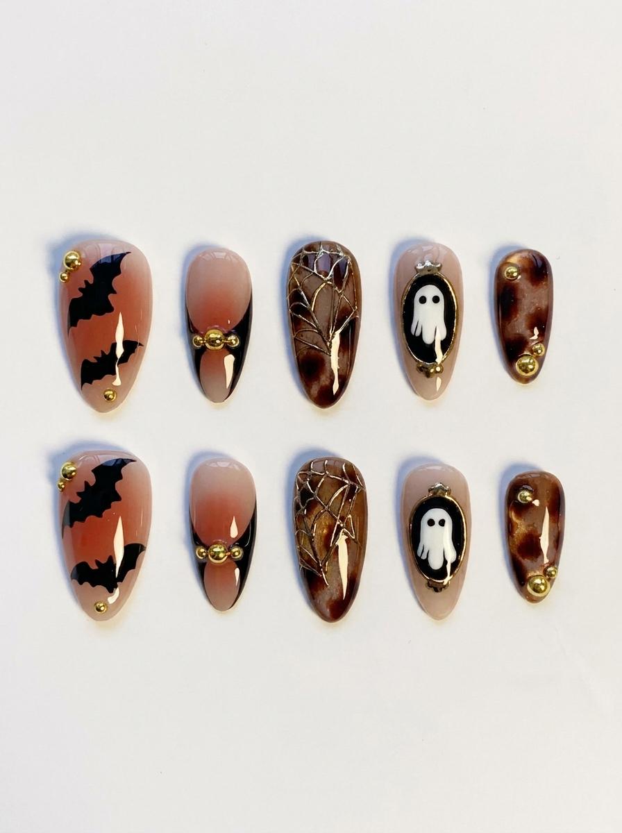 Halloween Tortoiseshell Cat Eye Press-On Nails With Bats, Ghosts and Spiderwebs