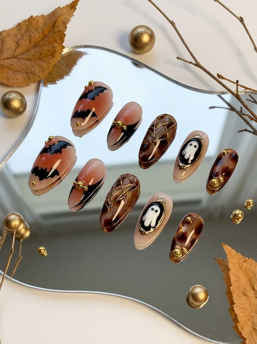 Halloween Tortoiseshell Cat Eye Press-On Nails With Bats, Ghosts and Spiderwebs