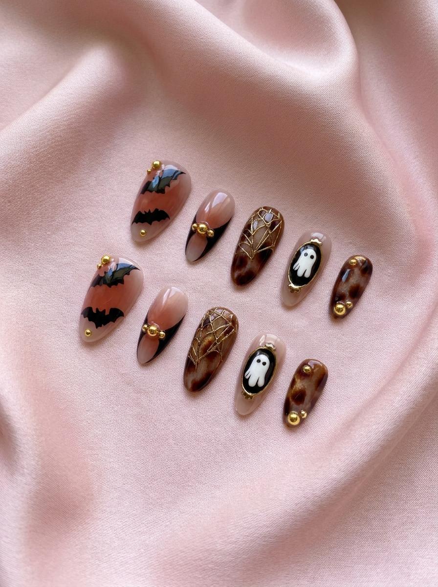 Halloween Tortoiseshell Cat Eye Press-On Nails With Bats, Ghosts and Spiderwebs