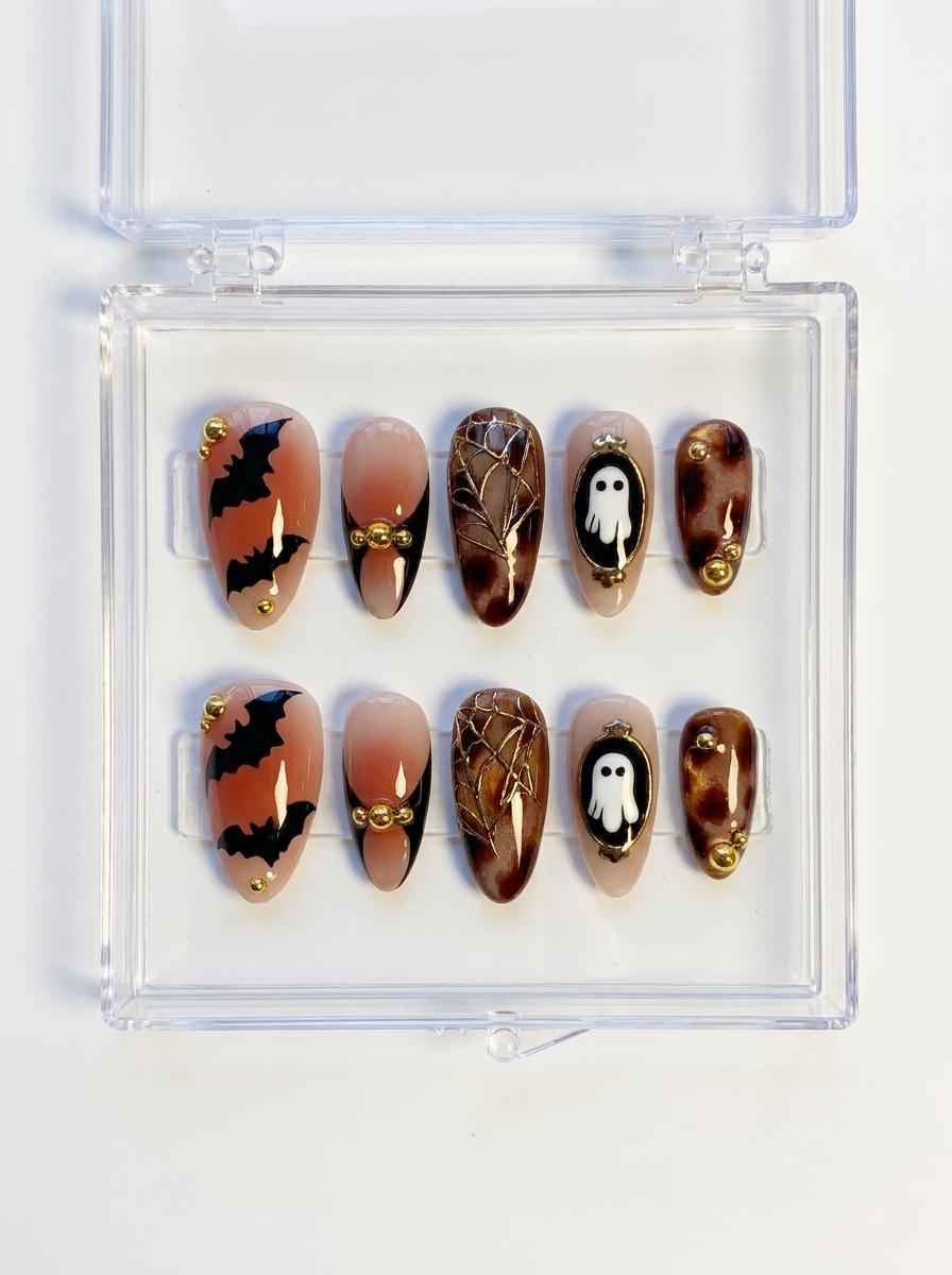 Halloween Tortoiseshell Cat Eye Press-On Nails With Bats, Ghosts and Spiderwebs