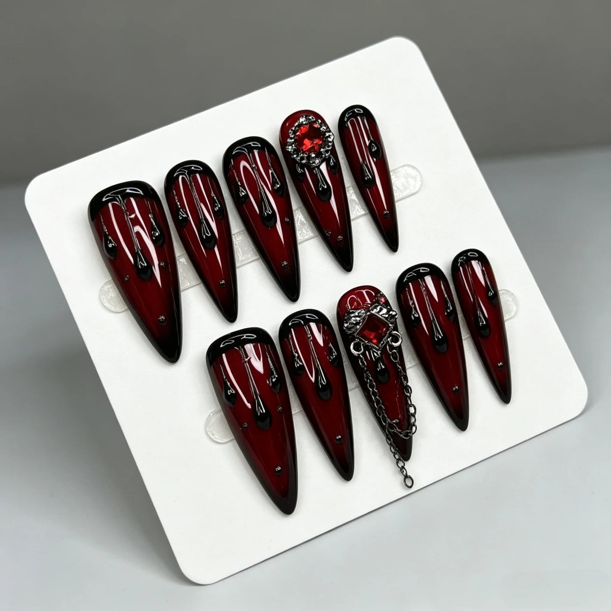 Halloween Vampire Blood Drip Press On Nails with Black Edges, Rhinestones and Chains