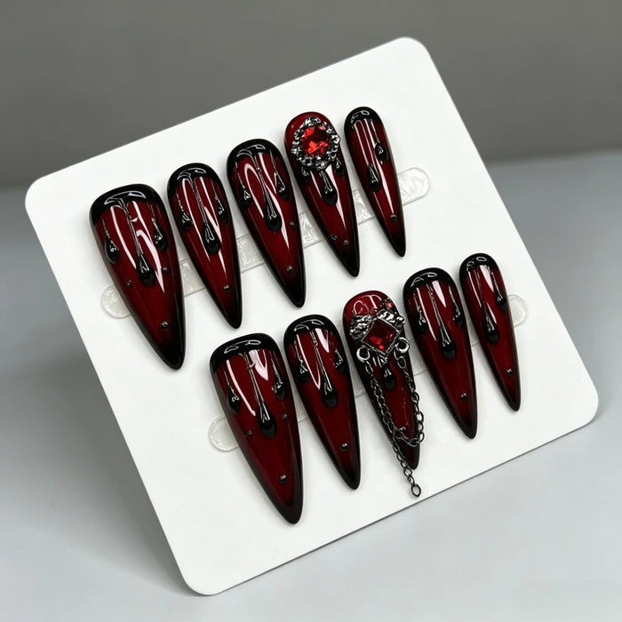 Halloween Vampire Blood Drip Press On Nails with Black Edges, Rhinestones and Chains