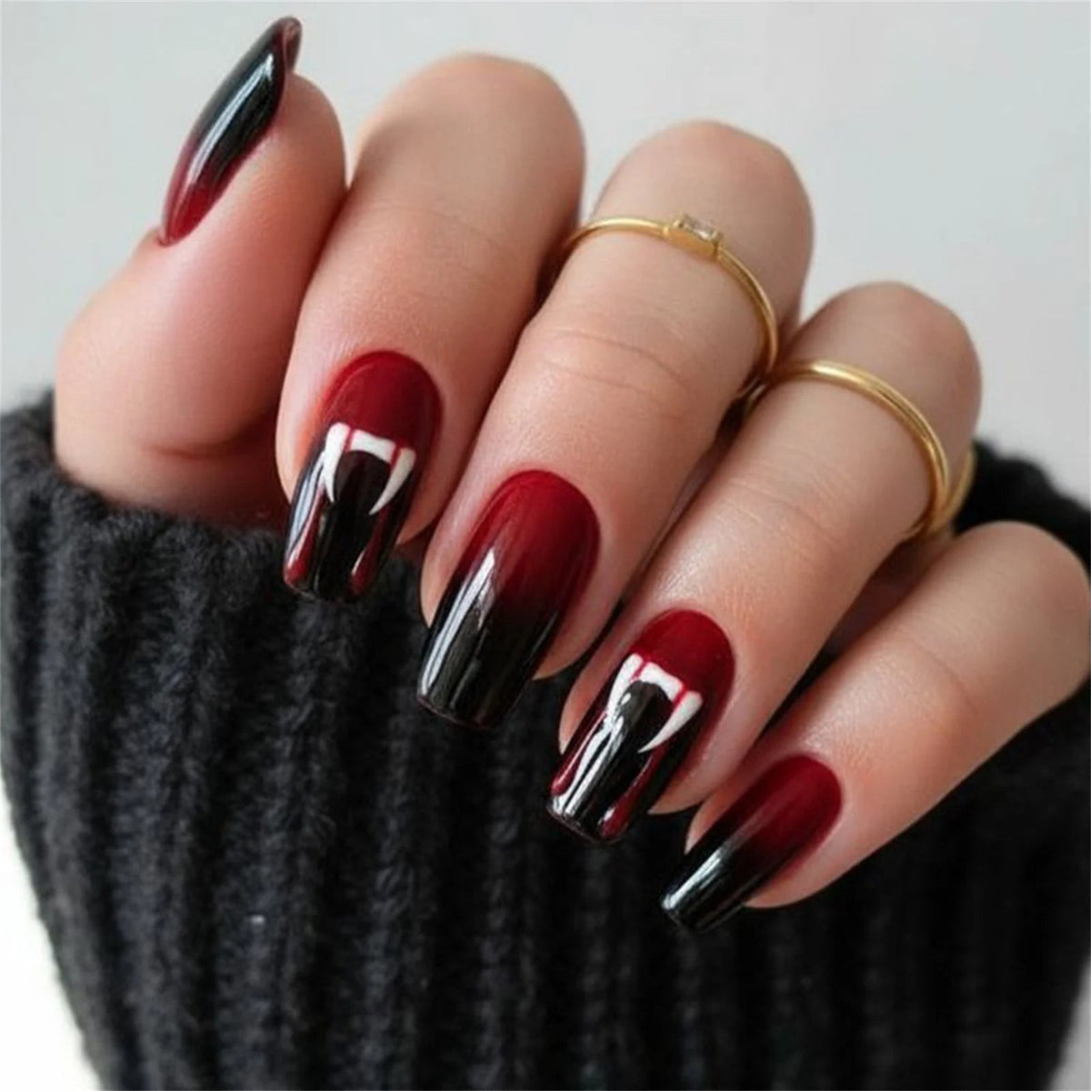 Halloween Vampire Fang Nails With Glossy Red-to-Black Ombre