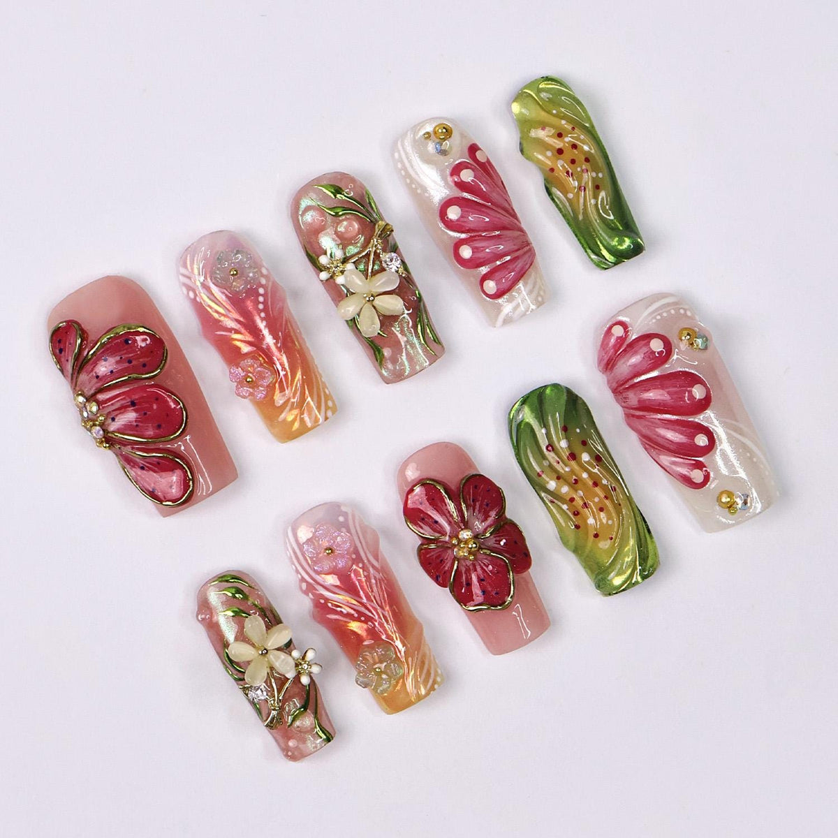 Hibiscus Floral Nail Set for Spring and Vacation With Gold Details