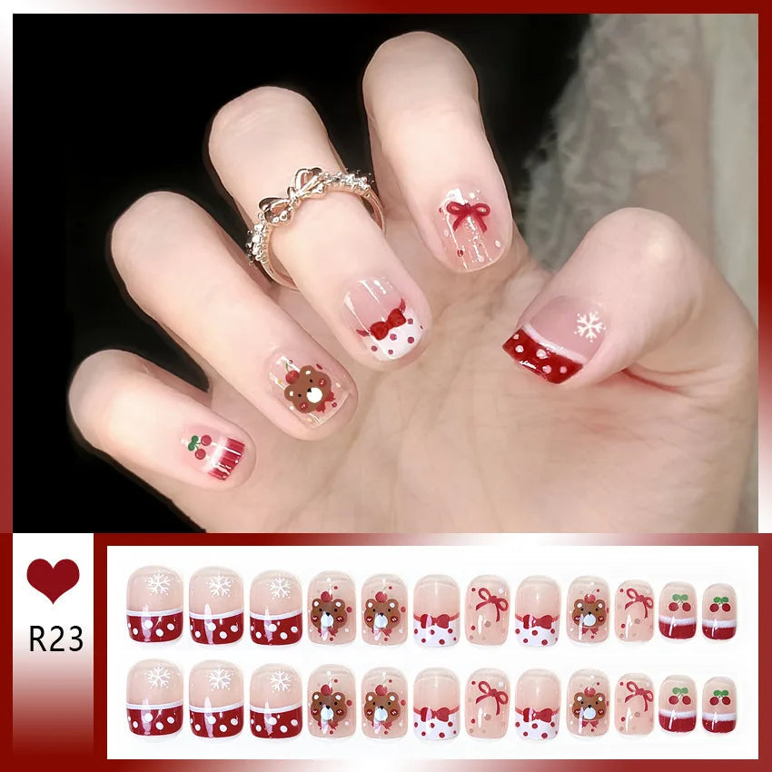 Holiday French Tip Press On Nails With Bows, Snowflakes and Teddy Bears