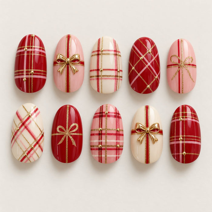 Holiday Red and Pink Tartan Nails with Gold Bows