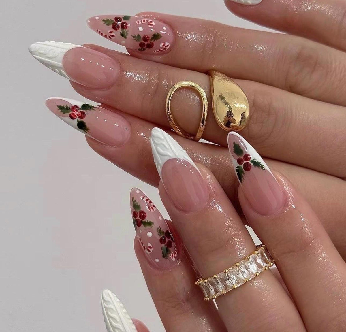 Holly Jolly Christmas Nails With Green Leaves, Red Berries and Cable-Knit Details