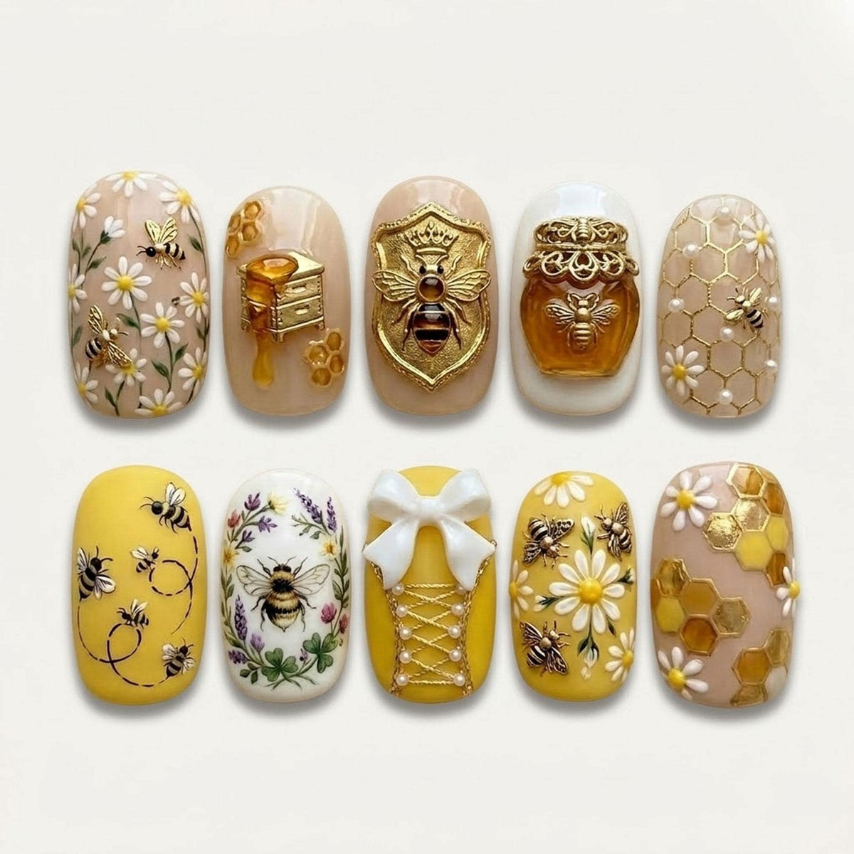 Honey Bee, Daisy & Honeycomb 3D Nail Set in Yellow, Cream and Gold