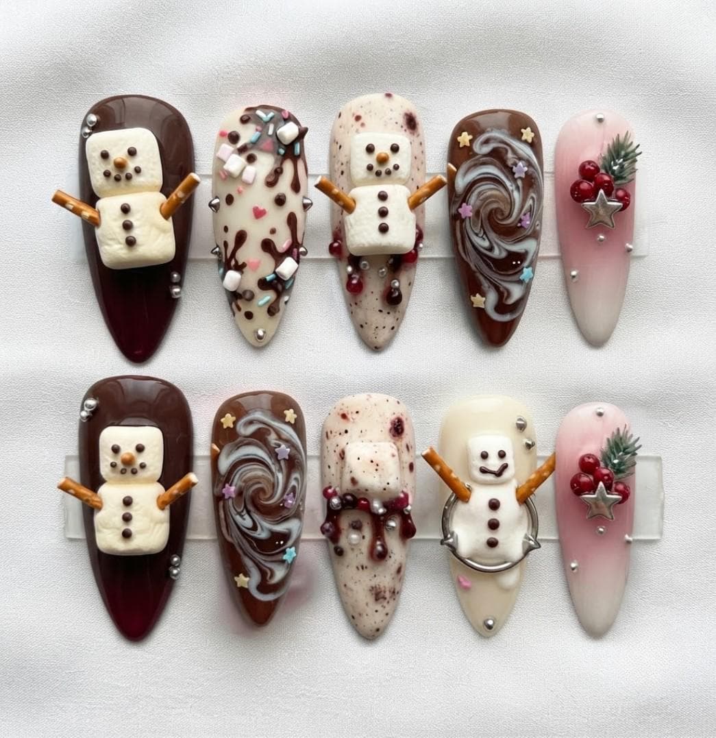 Hot Cocoa Snowman Nails With Chocolate Swirls and Sweet-Treat Details