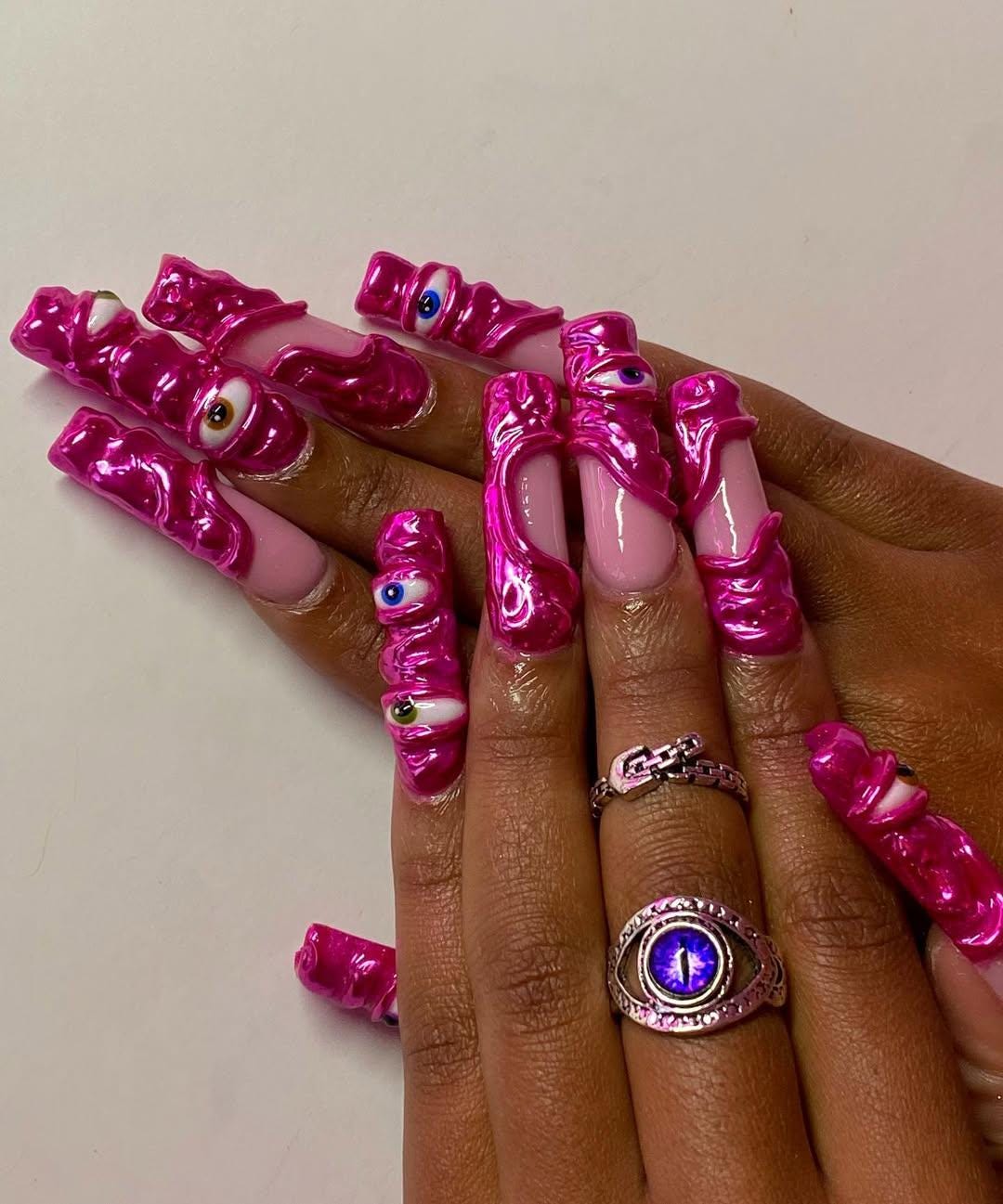 Hot Pink 3D Monster Eye Press-On Nail Set
