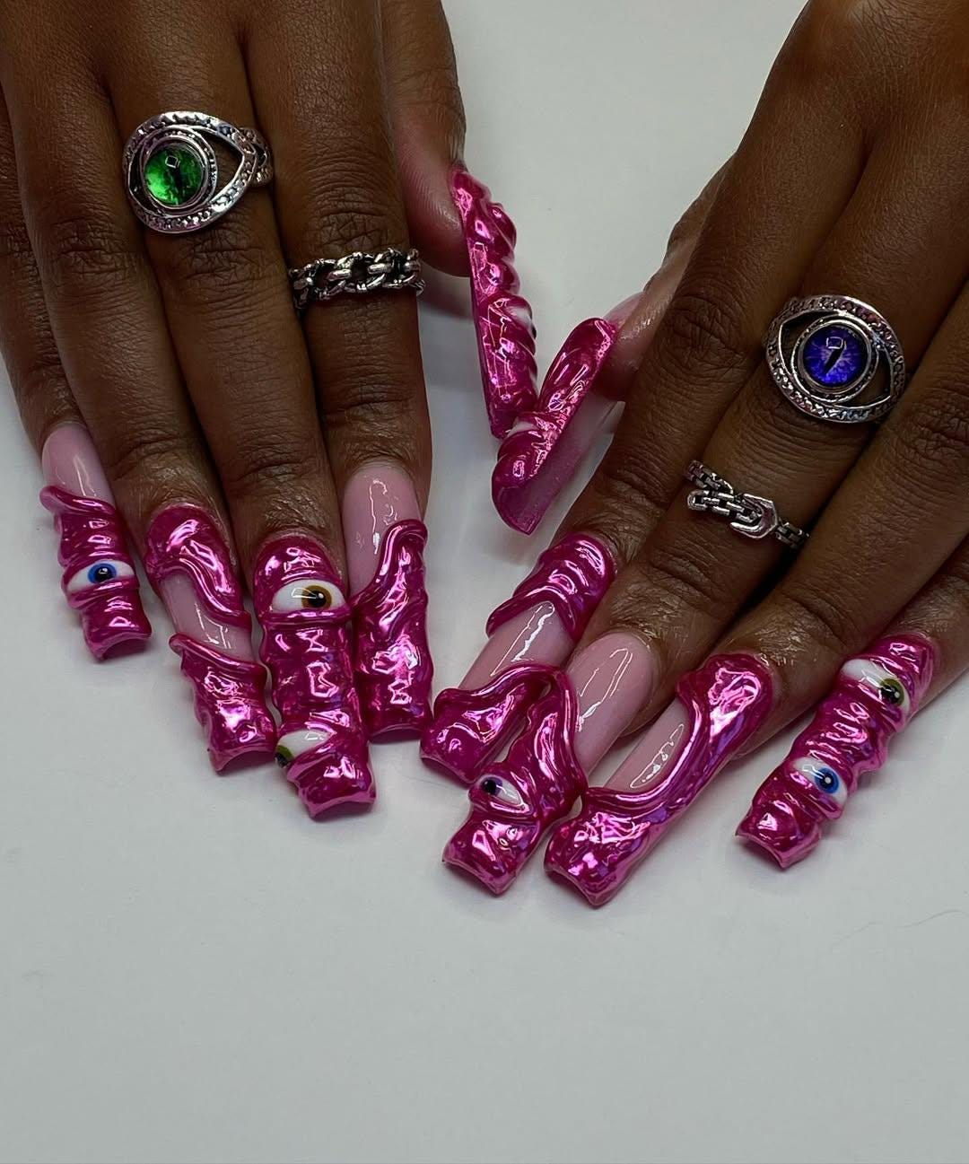Hot Pink 3D Monster Eye Press-On Nail Set