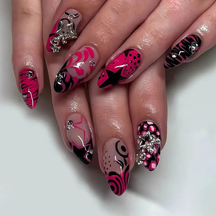 Hot Pink and Black Star Press On Nails with Abstract Art and Silver 3D Charms