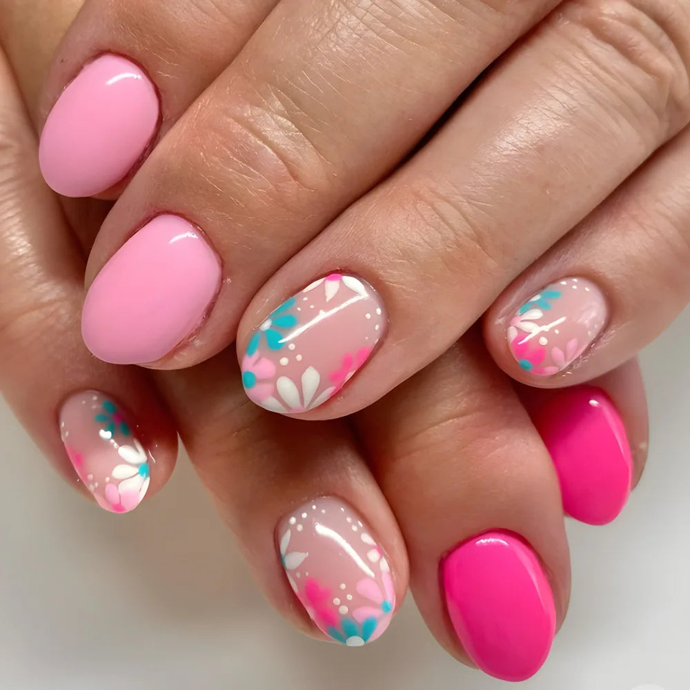 Hot Pink and Daisy Floral Press-On Nail Set
